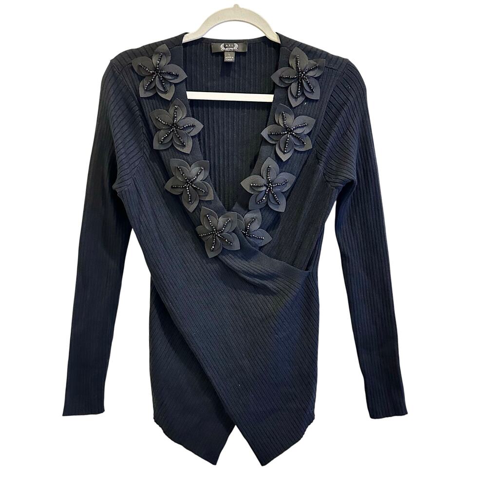A.Z.I. New York Women Black V-Neck Dressy Sweater 3D Floral Appliqué Size L NWT